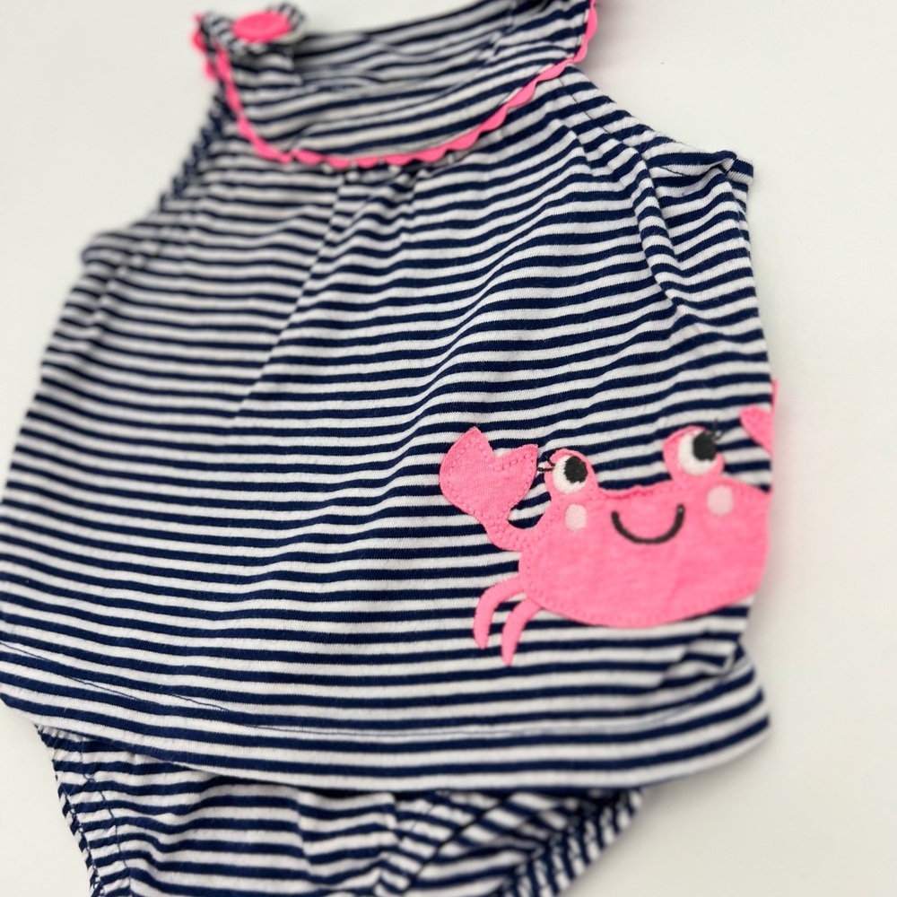 Carters Girls Toddlers Navy Striped Pink Crab Jumpsuit One Piece 3 Months - Picture 2 of 3